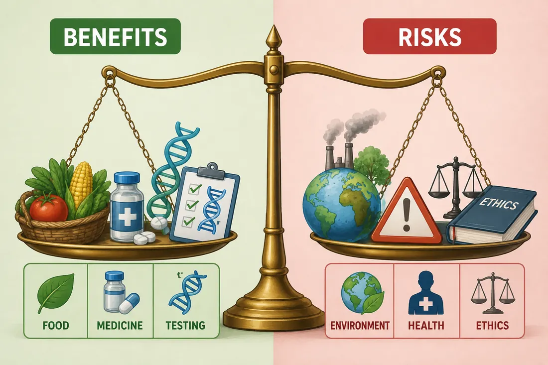 Balance scale comparing benefits and risks of biotechnology.