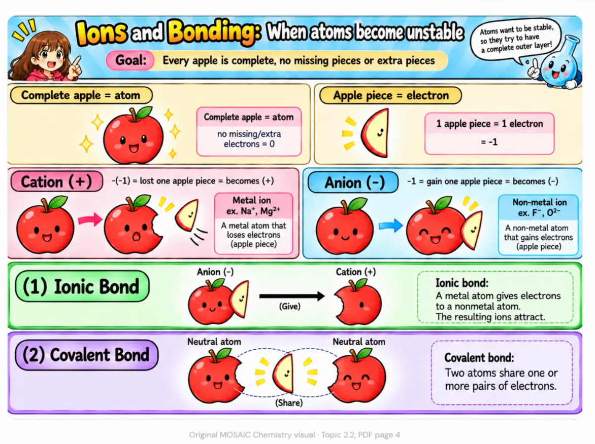 MOSAIC Chemistry Topic 2.2: Ions — Losing and Gaining Electrons illustration from source PDF page 4 (corrected bonding explanations)