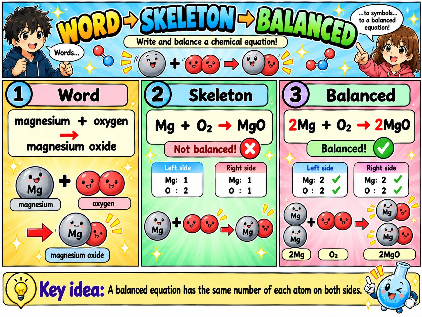 MOSAIC Chemistry Topic 2.2: Word Equation → Skeleton Equation → Balanced Equation illustration from source PDF page 28