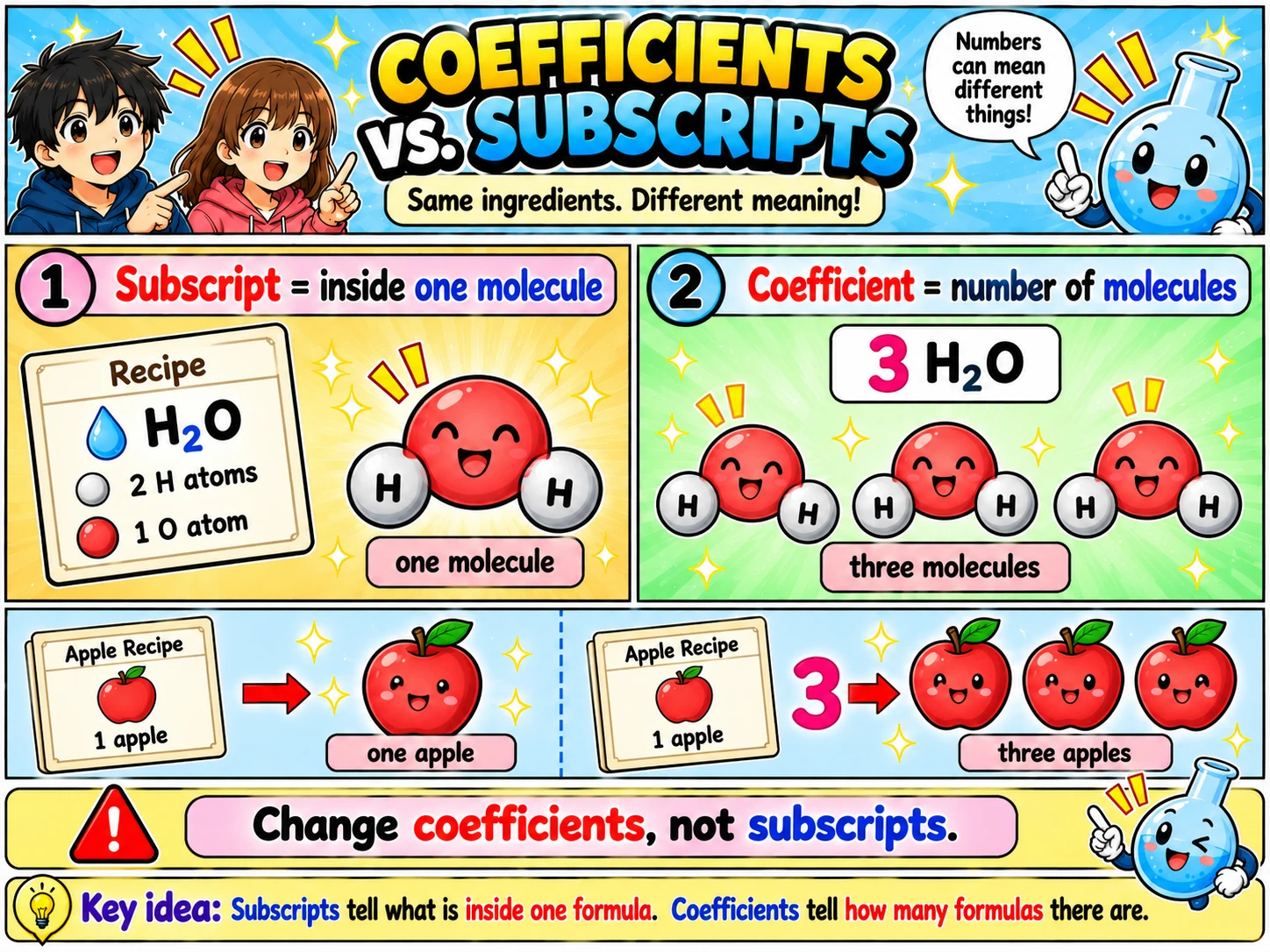 MOSAIC Chemistry Topic 2.2: Coefficients vs. Subscripts illustration from source PDF page 30