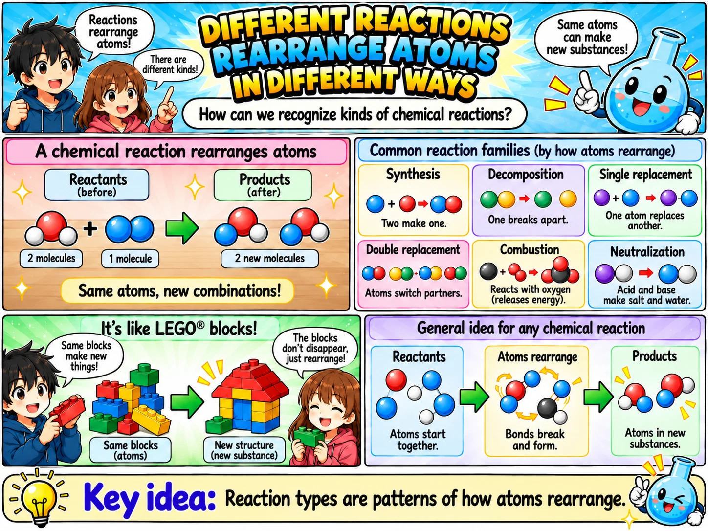 MOSAIC Chemistry Topic 2.4: Different Reactions Rearrange Atoms in Different Ways illustration from source PDF page 2