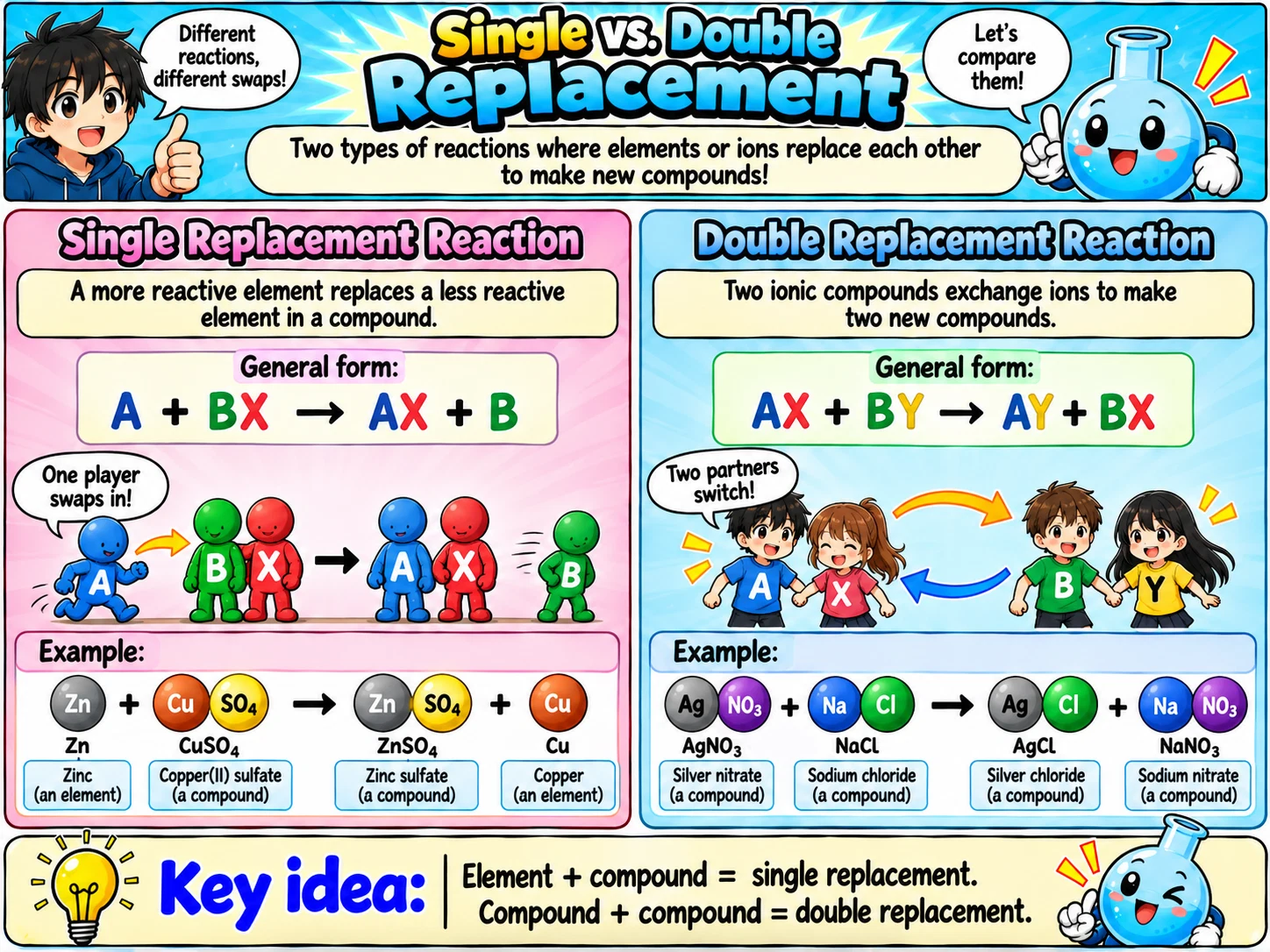 MOSAIC Chemistry Topic 2.4: Single vs. Double Replacement illustration from source PDF page 24