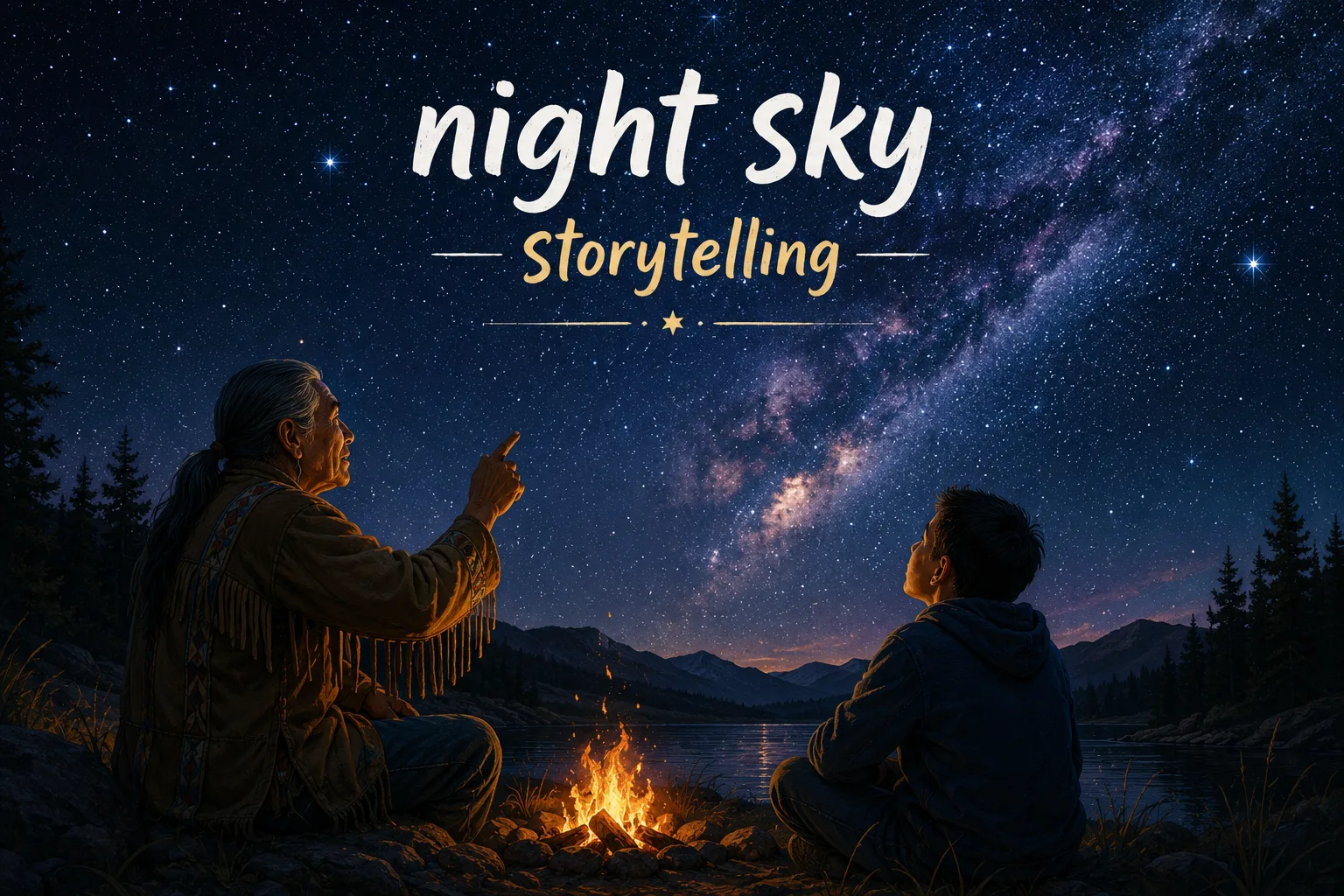 People looking at the night sky and sharing stories