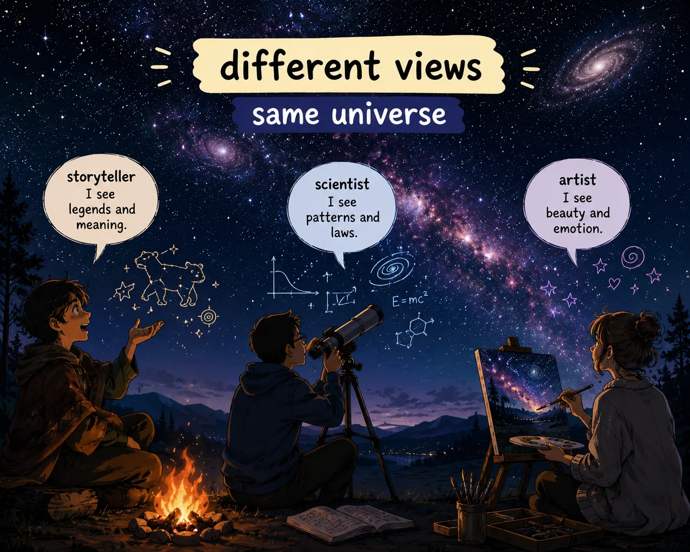 Scientist, storyteller, and artist viewing the same night sky