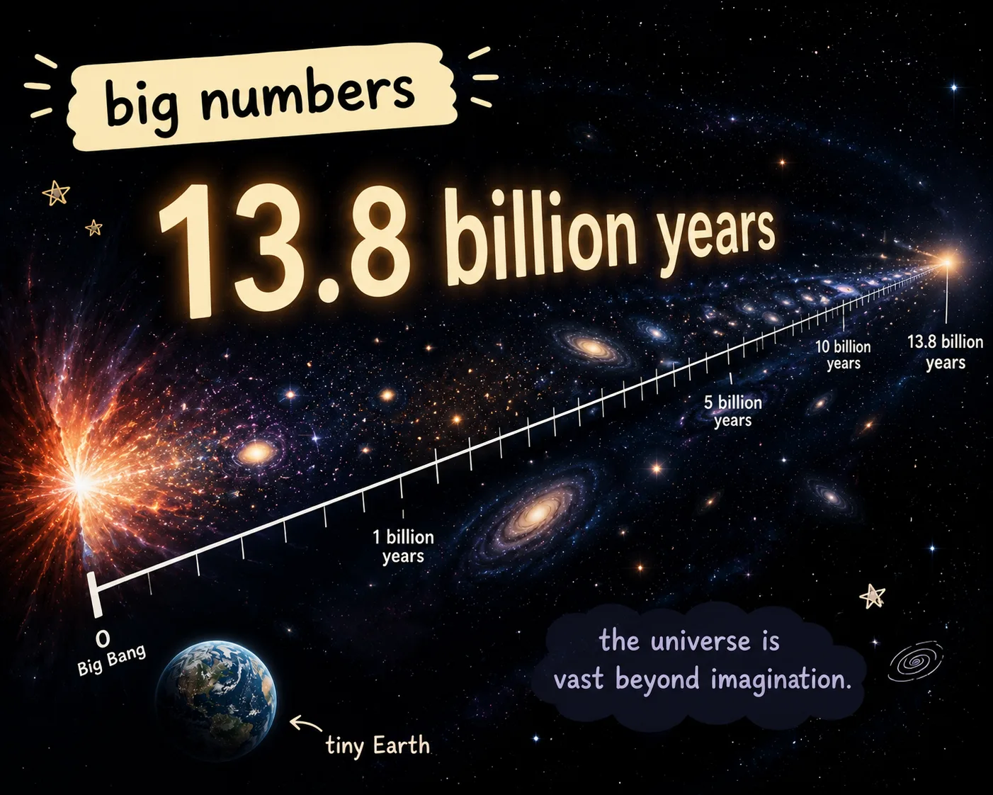 Timeline showing the age of the universe as 13.8 billion years
