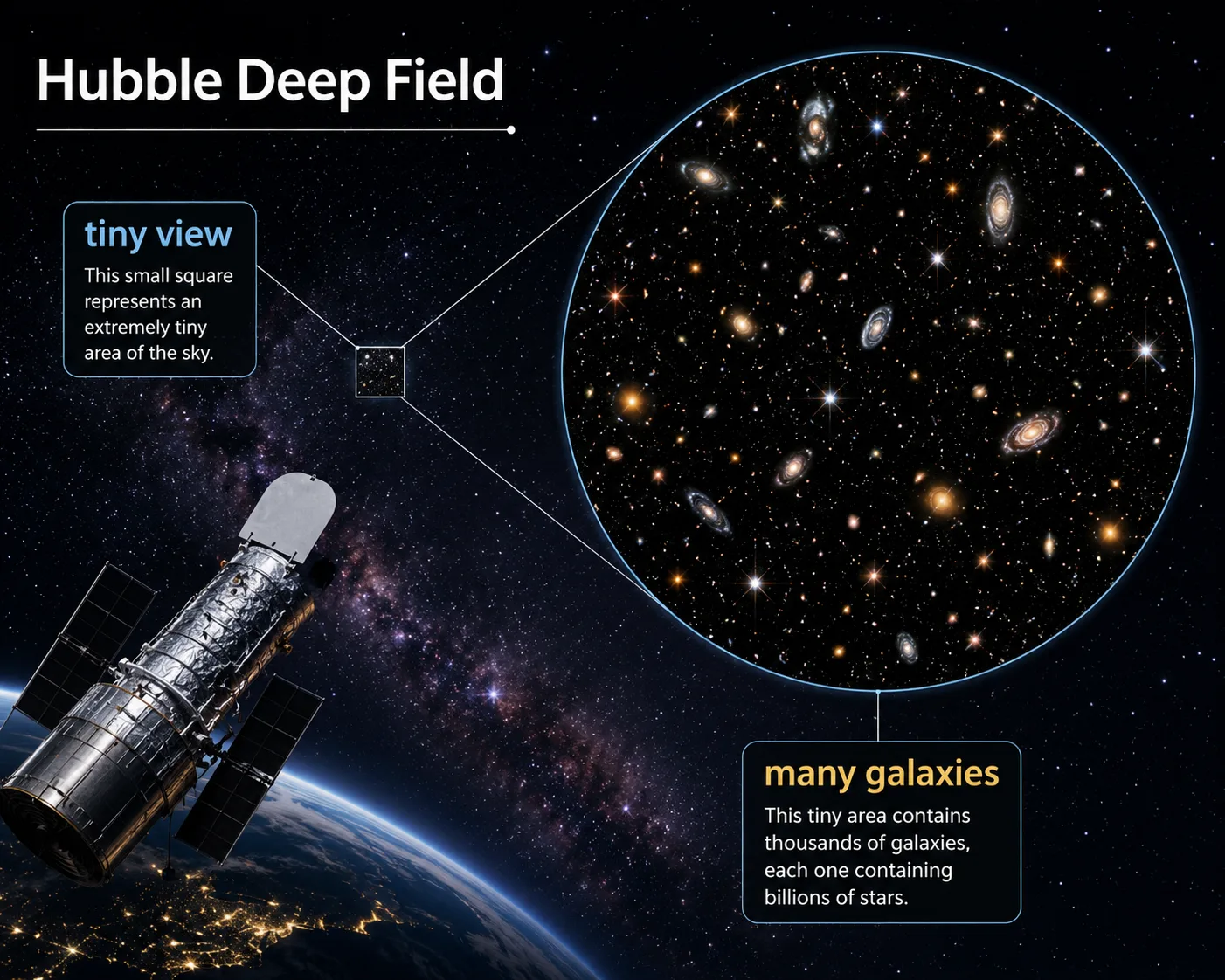 Hubble Deep Field showing many galaxies in a tiny area of the sky