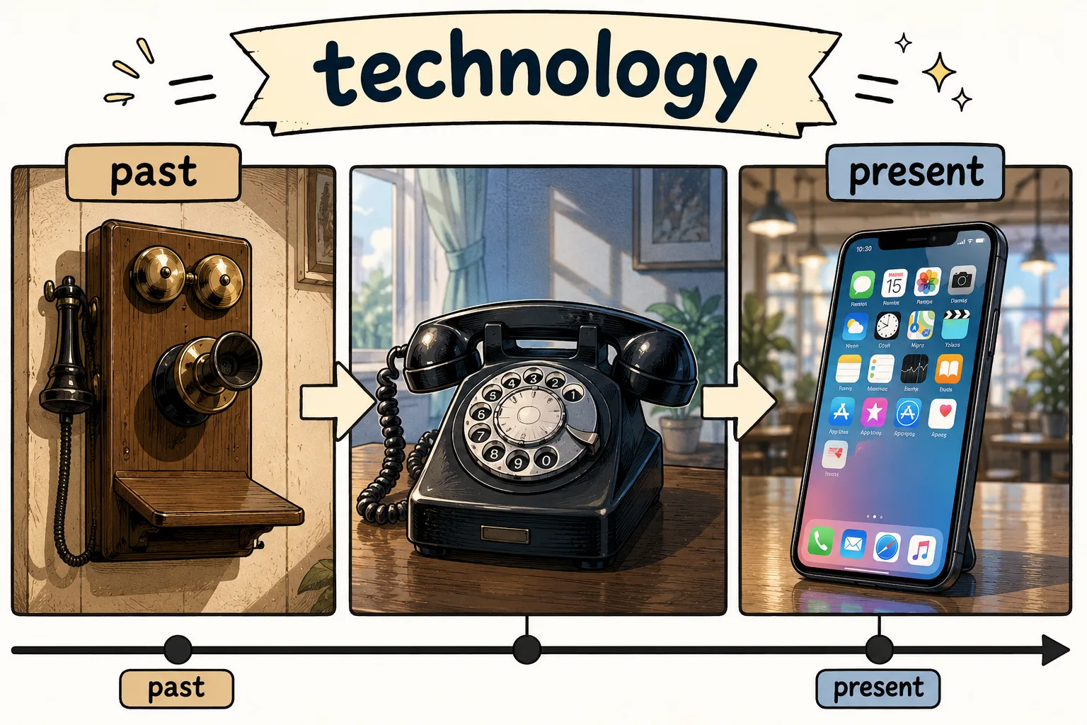 Timeline comparing communication technology from the past to the present