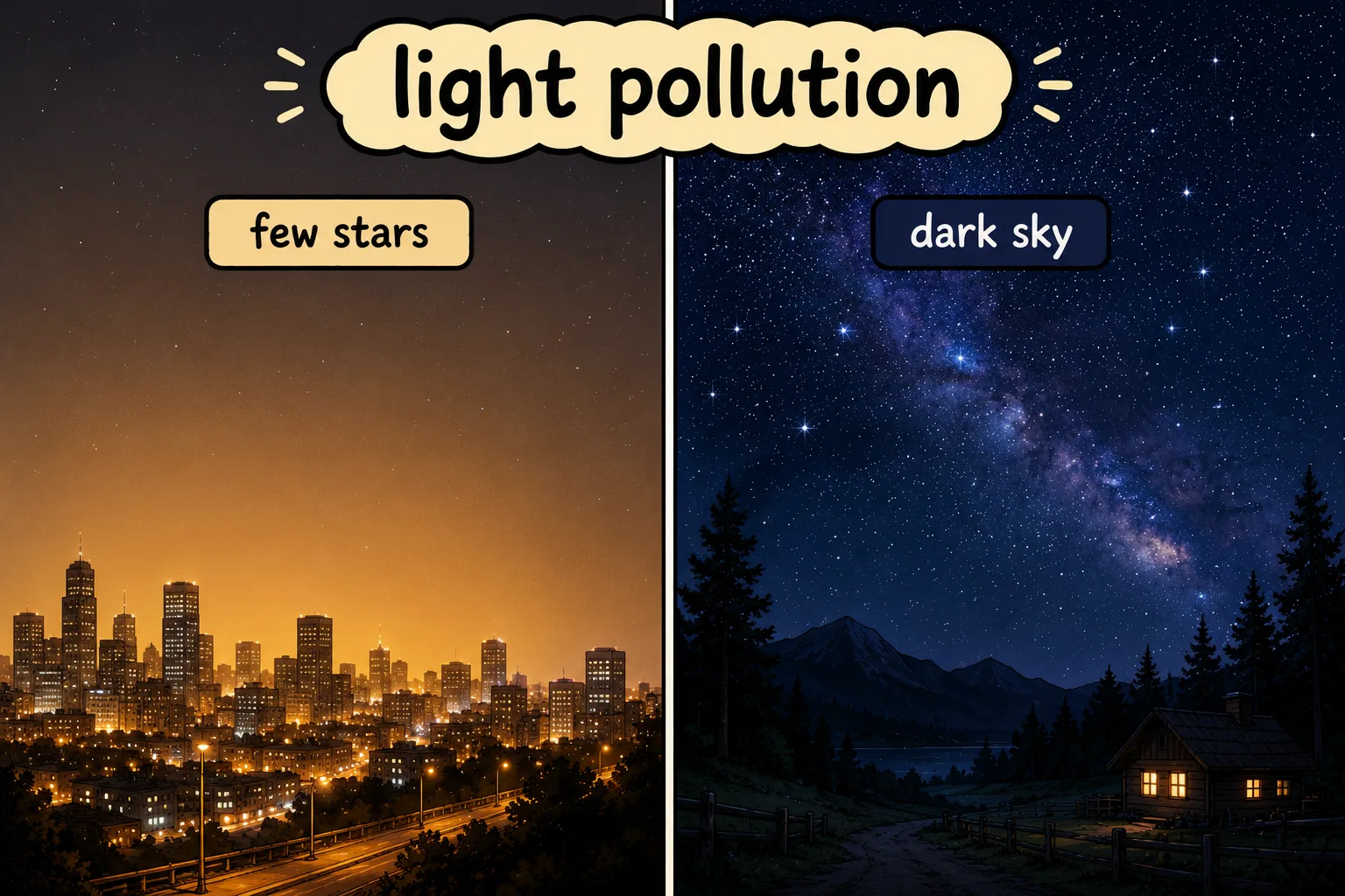 Comparison between a bright city sky and a dark sky