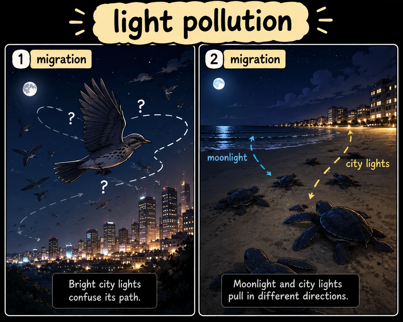 Birds and sea turtles affected by artificial light