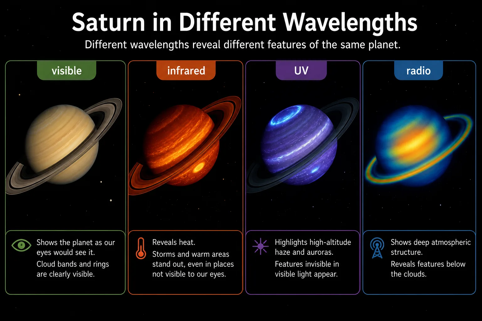 Saturn shown in different wavelengths