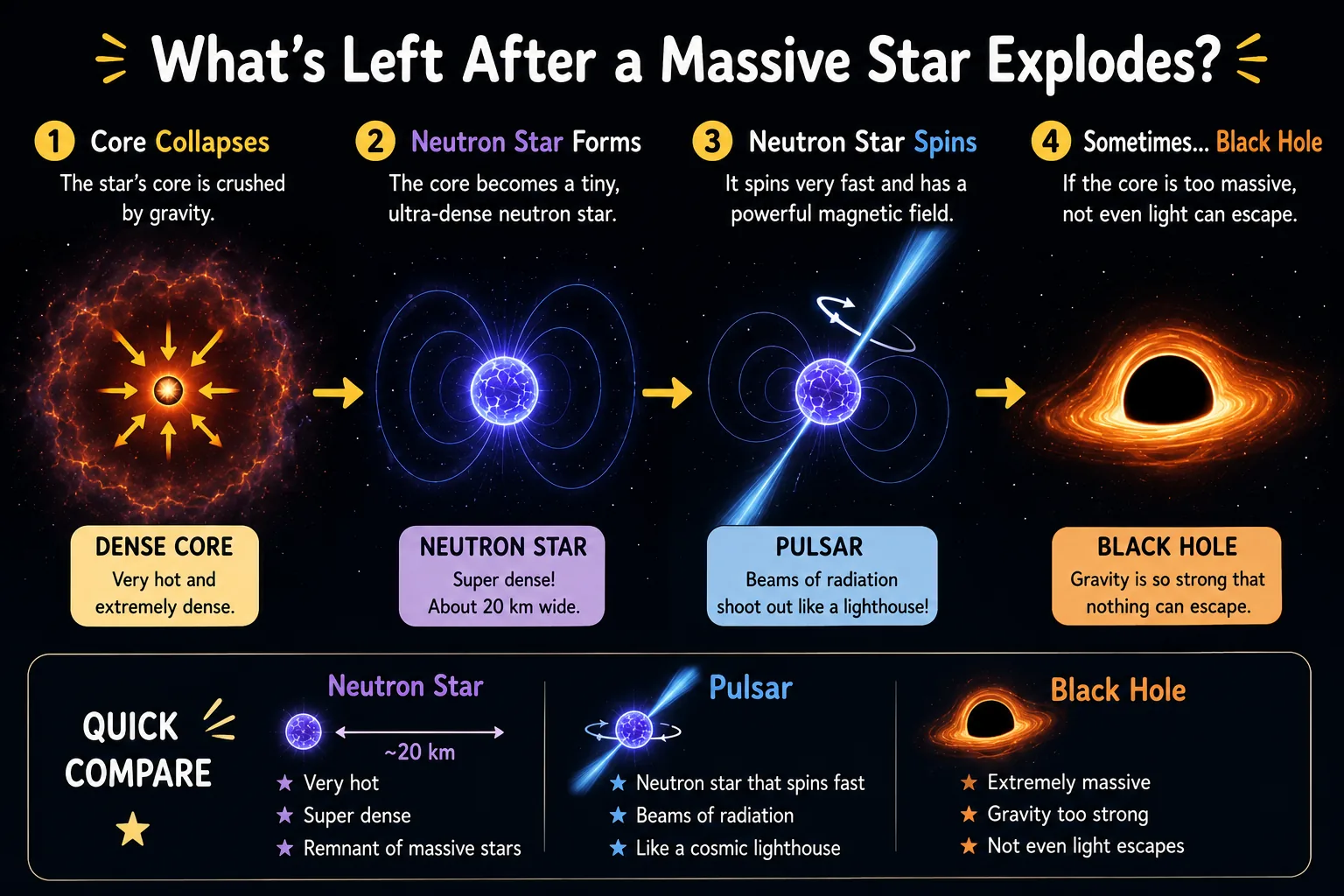 Neutron star, pulsar, and black hole diagram