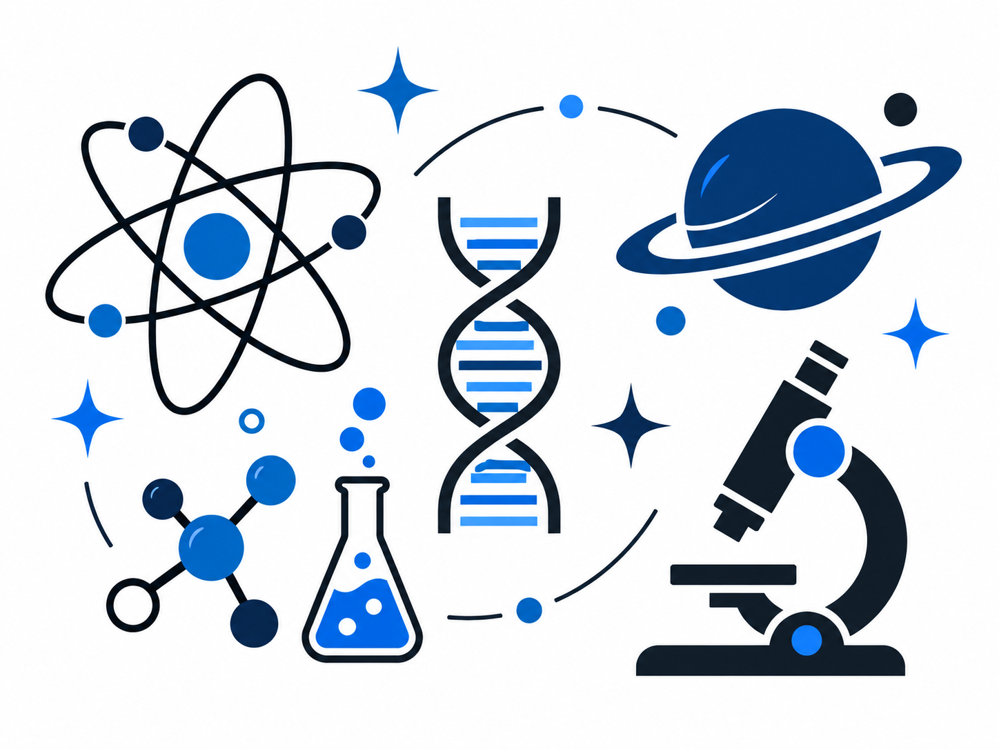 Science icons including an atom, DNA, planet, molecule, and microscope