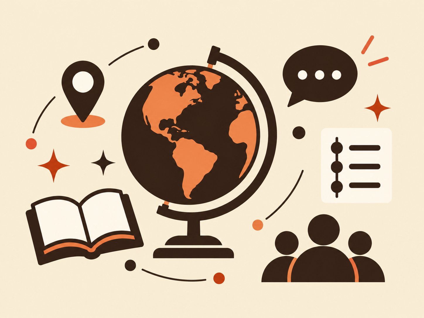 Social Studies icons including a globe, book, map pin, timeline, and community