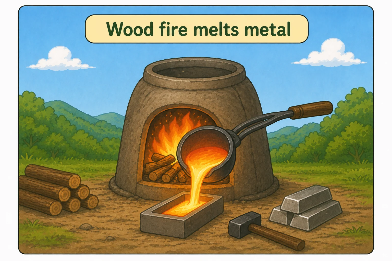 Wood fire melting metal